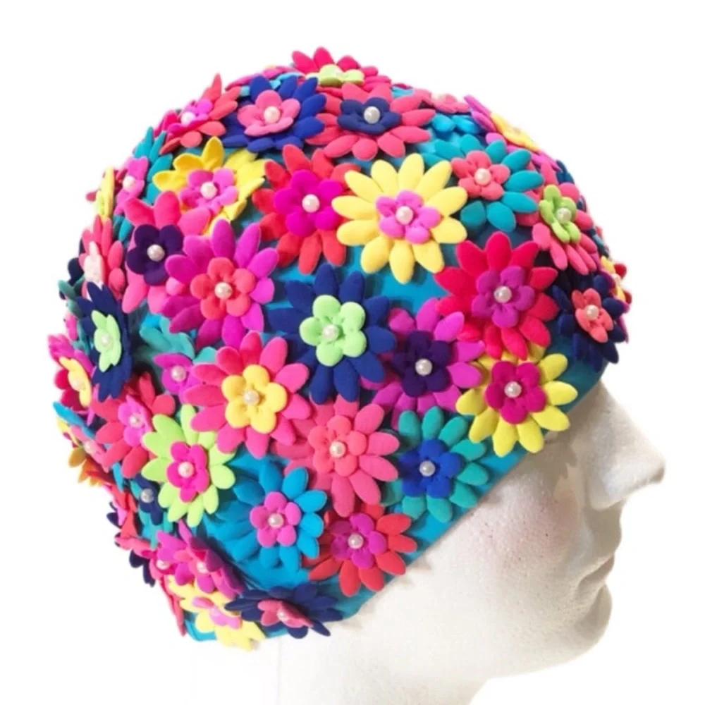 Swim Cap Multi Colored Flowers One Size